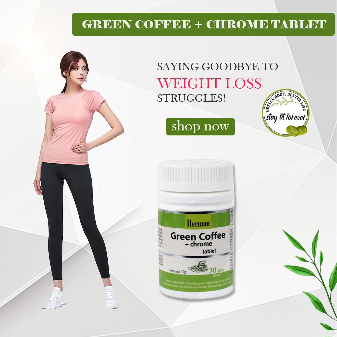 Woman in athletic wear standing next to a bottle of Herman Green Coffee + Chrome Tablet on a white background.