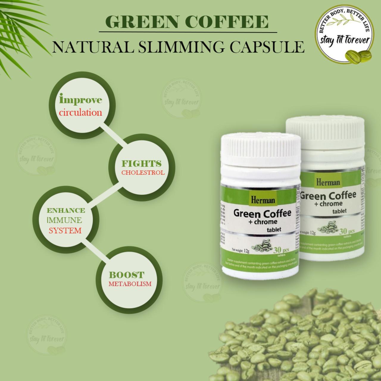 Herman Green Coffee + Chrome Tablet – Organic Weight Loss Supplement with appetite suppression, natural ingredients, and antioxidant support – 30 tablets bottle